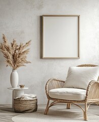 Contemporary home space with minimalist interior and frame mockup 3d rendering