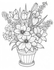 A line art illustration of a bouquet of various flowers in a pot with a saucer.