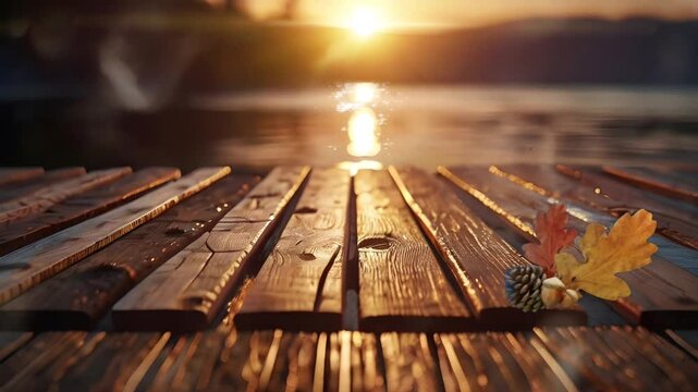 Wooden planks on the edge of the lake at sunset. Seamless 4K looping timelapse video animation background