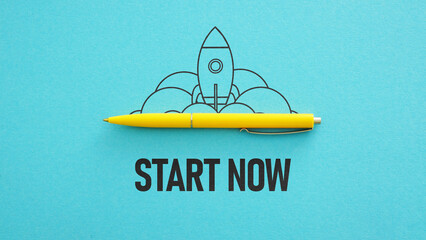 Start now is shown using the text and picture of the rocket launch