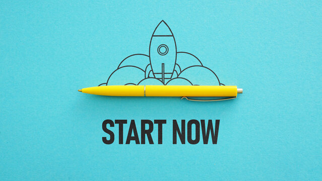 Start now is shown using the text and picture of the rocket launch