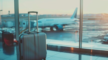 Suitcase, travel bag in airport. Airplane outside window. Travel background illustration generated by ai