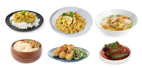 Hummus, falafel balls, sarma, matzo balls, pilaf and rice with curry on white background. Collection with dishes of different national traditional cuisines