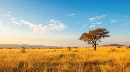 Fototapeta premium Golden Hour Magic in African Savannah - Awe-Inspiring Landscape with Warm Hues and Long Shadows