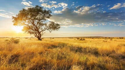 Fototapeta premium Majestic African Savannah at Golden Hour with Dramatic Sky - Perfect for Safari Promotions
