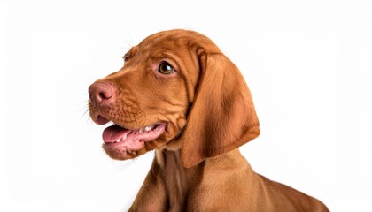 笑顔のショートヘアード・ハンガリアン・ビズラの子犬のポートレート（Portrait of a smiling Shorthaired Hungarian Vizsla puppy on white background）
