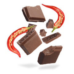 Pieces of chocolate and chili pepper in air on white background