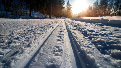 Fototapeta premium Sunny morning in a winter snowy forest. Frosty morning. Frost falls from the trees. The ski track is covered with snow.