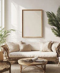 Farmhouse living room interior design with mockup frame 3d render