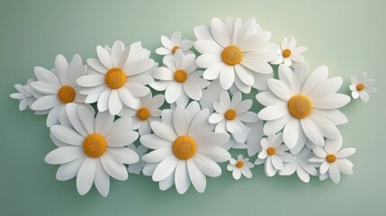 Obraz premium A decorative arrangement of white daisies with yellow centers on a soft green background.