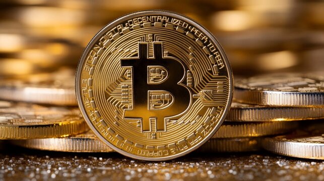 Shining Golden Bitcoin Dominating the Foreground Amidst Piles of Cryptocurrency Coins