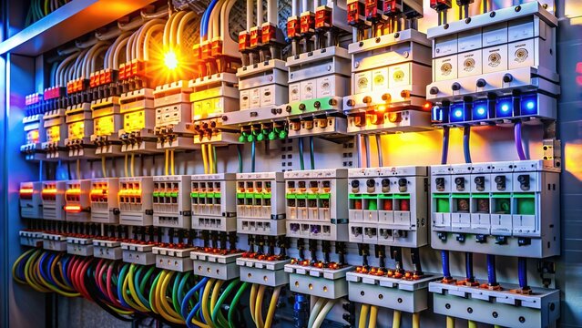 High-angle view of a rows of colorful circuit breakers in an electrical panel, with switches and wiring illuminated against a dark background.