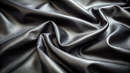Obraz premium High-angle view of black leather with a fine, intricate texture, showcasing subtle wrinkles and soft sheen, evoking luxury and sophistication in a sleek, modern aesthetic.
