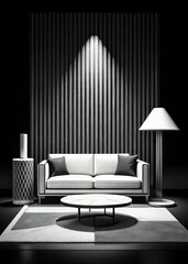 Chic monochrome living room with dramatic lighting