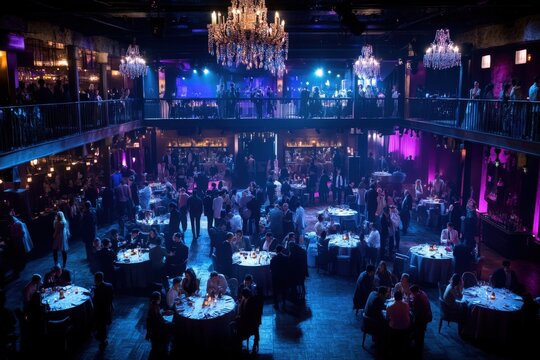 A beautifully lit event with guests seated around elegantly decorated round tables, chandeliers hanging from the ceiling, and ambient lighting creating a sophisticated atmosphere.