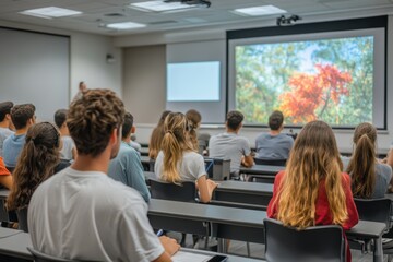 A classroom full of students sitting at desks and watching a projector screen. Scene is one of learning and education