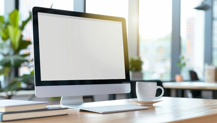 blank white screen on the desk, in an office background, a coffee cup and books beside it