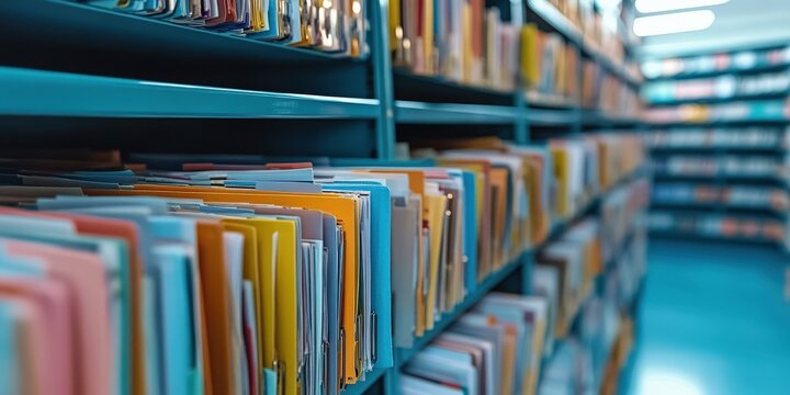 A close-up of medical records in a file cabinet, focusing on the various files and documents, symbolizing the clinic's need for a digital recording system. 