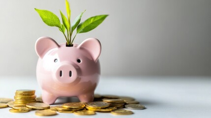 Pink piggy bank with a healthy plant growing from its coin slot, surrounded by scattered gold coins. Isolated on a plain white background, emphasizing sustainable investments. Copy space.