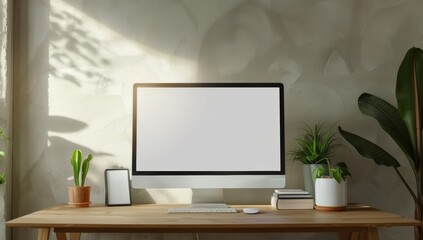 blank white screen on the desk, in an office background, a coffee cup and books beside it