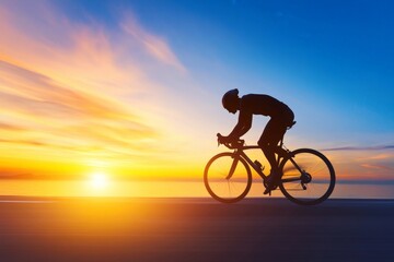 Obraz premium Silhouetted Cyclist Riding at Sunset Along Coastal Road With Vivid Sky