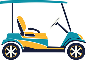 A blue and yellow golf cart with a blue top and yellow seat