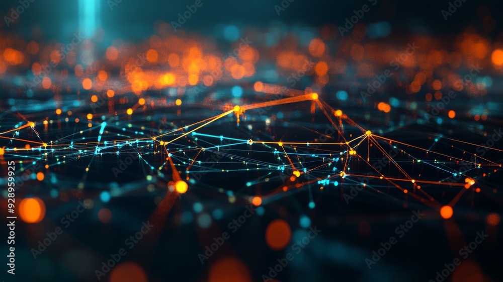 Poster virtual network with intricate digital nodes and smooth color transitions