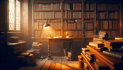 Vintage house in the town with books in library, Nonfiction bookshelf old college 