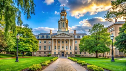 Historic academic building with iconic clock tower stands proudly on a scenic Penn State University campus surrounded by lush greenery and walking paths.