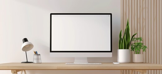 blank white screen on the desk, in an office background, a coffee cup and books beside it