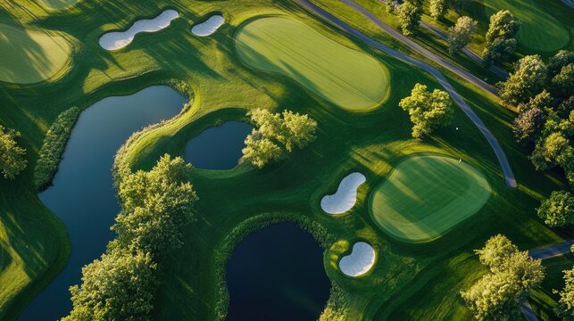 A drone shot of a beautifully designed golf course with winding fairways and water hazards, showcasing the layout.