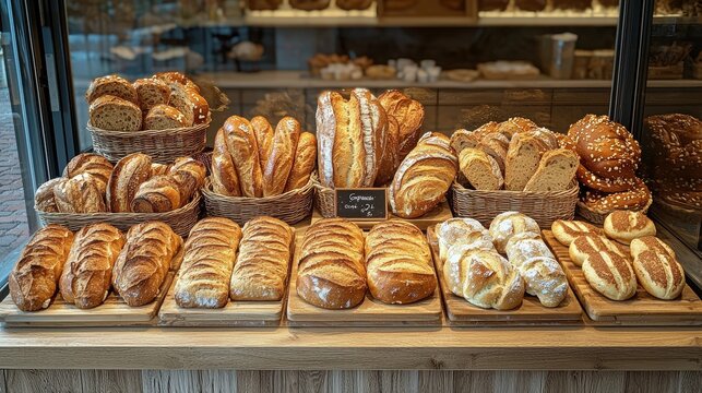 A 3D bakery display case with freshly baked bread and pastries, symbolizing a warm and inviting bakery atmosphere