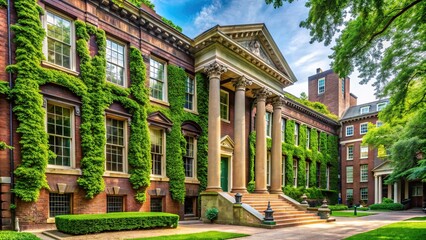 Historic brick and stone academic building with columns and ivy-covered walls surrounded by lush greenery on a vibrant urban campus in Philadelphia.