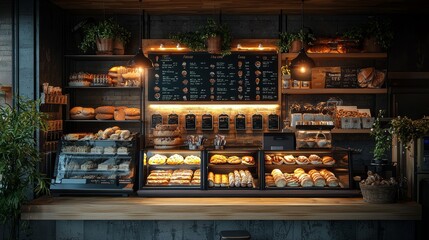 A 3D bakery counter with a glowing menu board, representing the heart of a bakery business