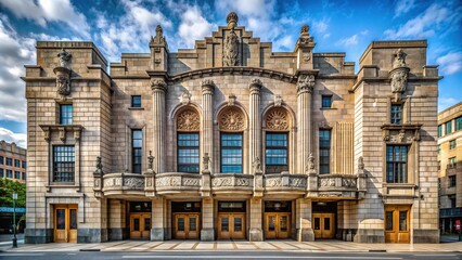 Fototapeta premium Historic brutalist-style theater building with imposing stone facade, ornate details, and grand entrance, evoking a sense of cultural sophistication and artistic heritage.