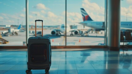 Obraz premium Suitcase, travel bag in airport. Airplane outside window. Travel background illustration generated by ai