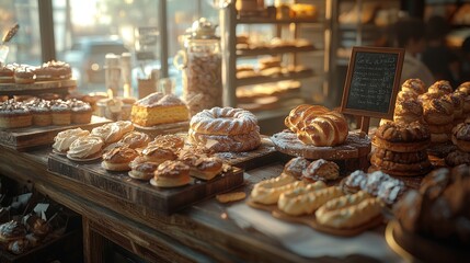 A 3D bakery table with a selection of pastries and soft light, symbolizing a perfect morning in a bakery