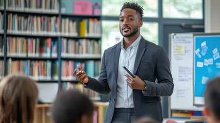 A man in a suit is giving a presentation in front of a group of students. The students are sitting in rows and appear to be attentive. The presentation is taking place in a library