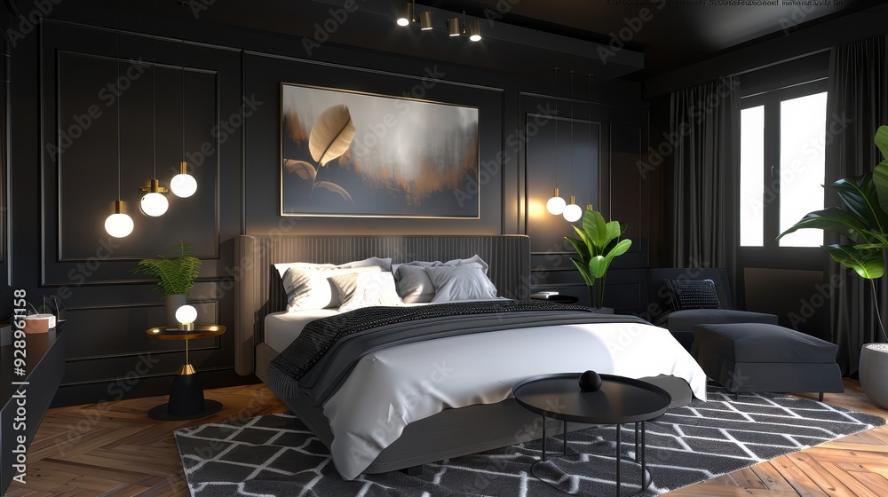 Canvas Prints Modern, monochromatic bedroom with a focus on design and lighting