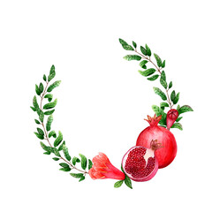 Watercolor wreath of pomegranates and leaves. Isolated on white background. Art for design, ideal for invitations, wedding or greeting cards. © Tetiana