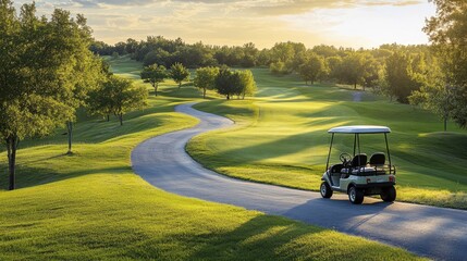 A golf cart driving along a path surrounded by green fields and trees, representing a leisurely round of golf.