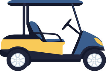A blue and yellow golf cart with a blue roof