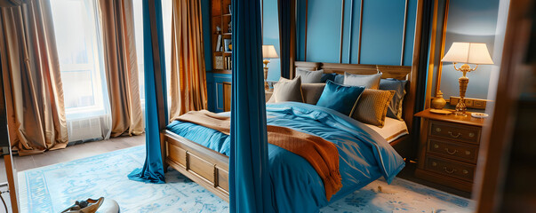 Luxury Bedroom Interior Design with Canopy Bed and Blue Accents - Photo