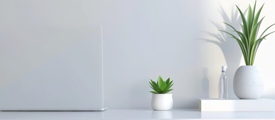 white desk with a blurred background of a home office interior, featuring bookshelves and plants.