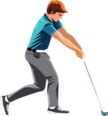 A man in a blue shirt and gray pants is swinging a golf club