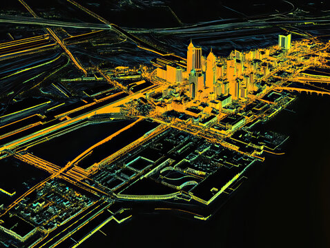 Technical aerial visual, 3D LiDAR GIS aerial map satellite scan model isolated, showing New Orleans. Elevation, topography, render