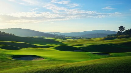 Obraz premium A golf course with rolling hills and a scenic view of the horizon, capturing the expansive beauty of the landscape.
