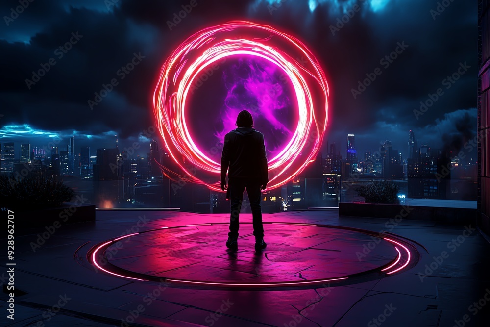 Poster a sci-fi scene where the northern lights are a holographic display in a dystopian world, viewed by a
