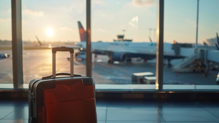 Suitcase, travel bag in airport. Airplane outside window. Travel background illustration generated by ai