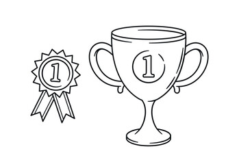 Trophy Cup And Medal with Ribbon and Number One Highlighting Achievement And Success, Outline Vector Illustration